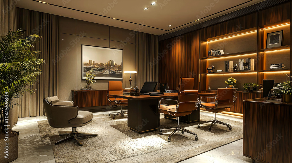 A modern executive office with a large desk, leather chairs, and wood paneling. A modern executive office with a large desk, leather chairs, and wood paneling.