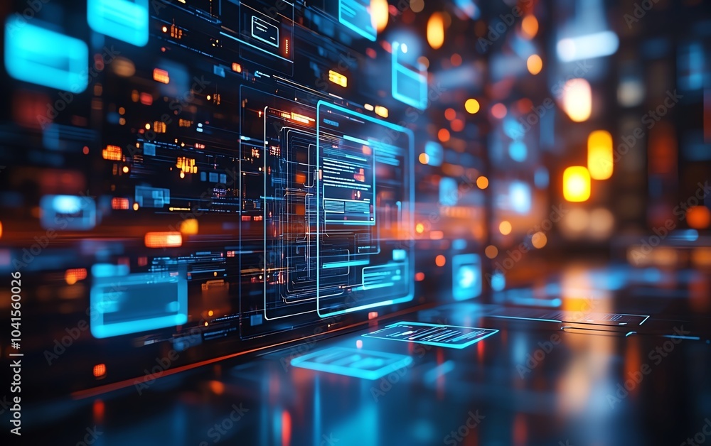 © Nattapat - 3D rendering of digital document management system, virtual interface with files in the background, modern and efficient design, futuristic tech visuals