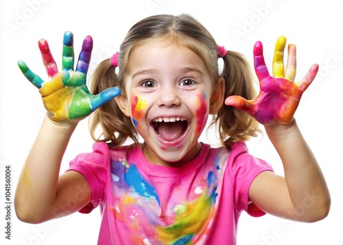 A joyful and vibrant design featuring a young girl with colorful painted hands, radiating happiness and creativity