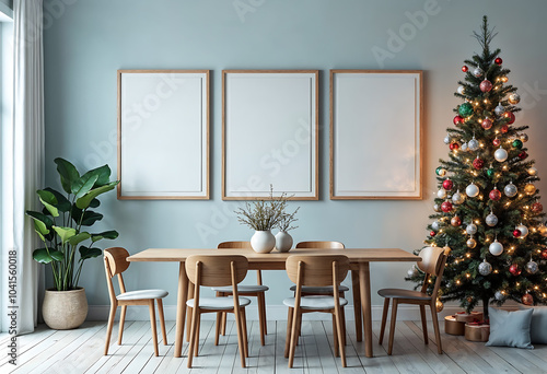 Modern Dining Room with Christmas Tree and Frames - Festive Interior Design, Holiday Home Decor, Seasonal Art Display