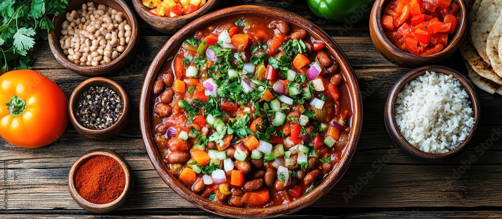 A bowl of hearty chili with beans, vegetables, and spices, accompanied by rice and other ingredients on a wooden table. A bowl of hearty chili with beans, vegetables, and spices, accompanied by rice and other ingredients on a wooden table.