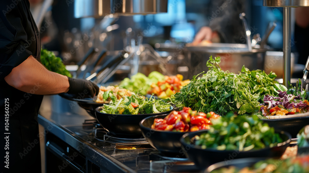 Obraz premium A vibrant display of plant-based dishes being prepared in a modern kitchen, highlighting fresh ingredients and healthy cooking techniques