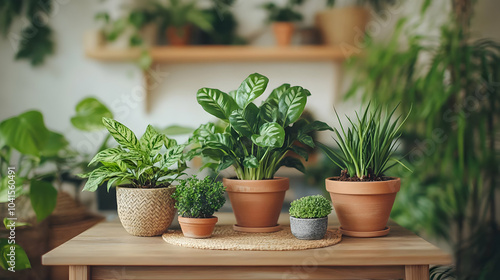 Indoor Plants in Terracotta Pots on Wooden Table