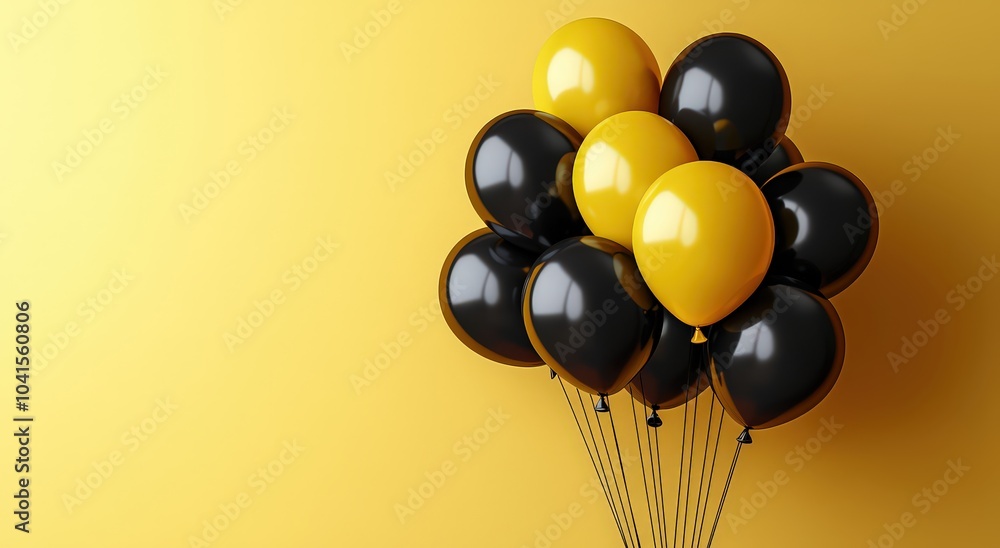 black and yellow Halloween balloons with a gift box on an isolated background banner, a minimal concept for a party black and yellow Halloween balloons with a gift box on an isolated background banner, a minimal concept for a party