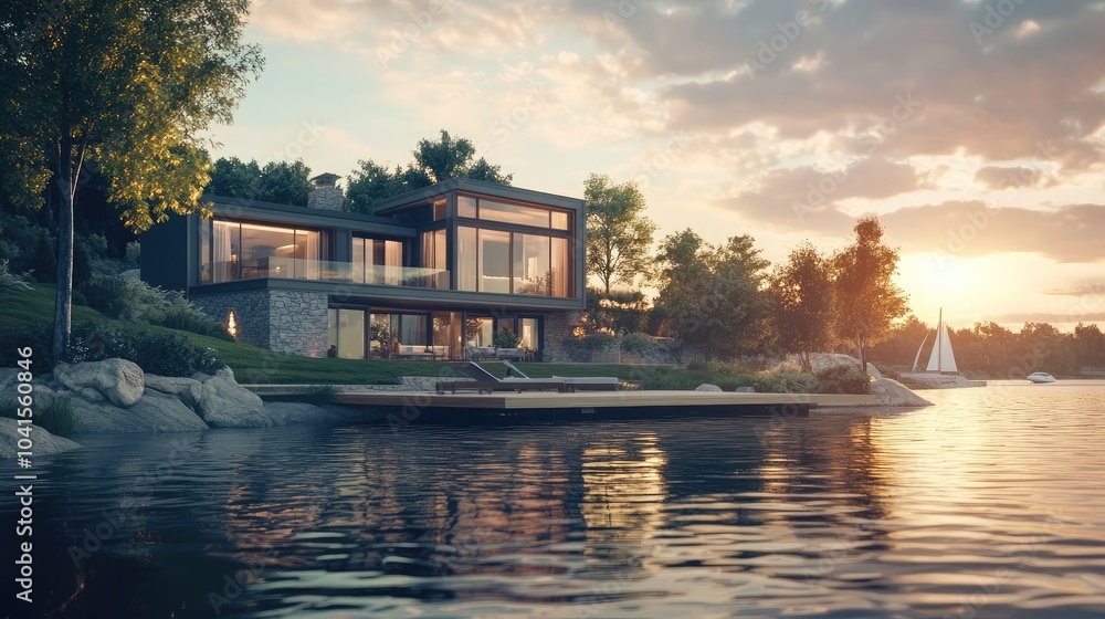 Luxury lakeside home with expansive windows and private dock, 8k, realistic, full ultra HD, high resolution, cinematic photography Luxury lakeside home with expansive windows and private dock, 8k, realistic, full ultra HD, high resolution, cinematic photography