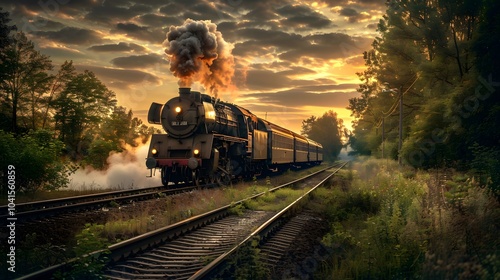 Wallpaper Mural vintage steam train at sunset scenic railway journey steam locomotive travel dusk transportation landscape adventure Torontodigital.ca