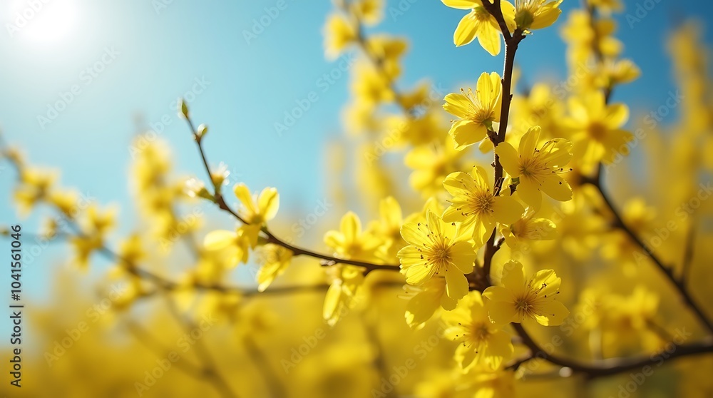 Bright Yellow Ipe Flowers from the Handroanthus Genus Against a Sunny Blue Sky, Featuring Softly Blurred Blooms for a Warm, Natural Backdrop