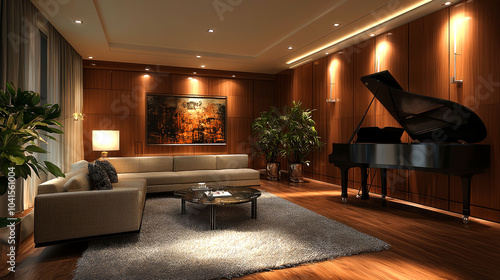 Wallpaper Mural A modern living room with a grand piano, a large couch, and a coffee table. Torontodigital.ca