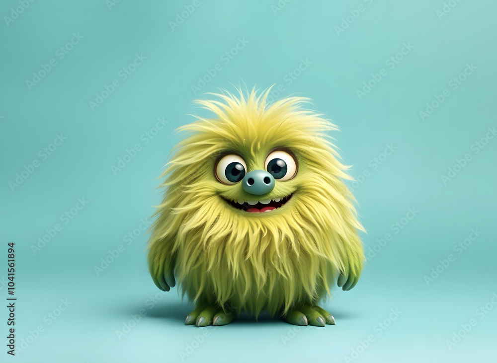 Obraz premium Funny fluffy green monster on a turquoise background. Joyful and fluffy little monster. Cute yeti. Halloween character.