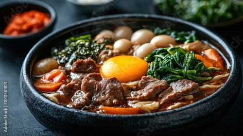 A steaming bowl of traditional Korean stew, showcasing tender beef, vibrant greens, and a raw egg, neatly arranged for an authentic dining experience and warmth.