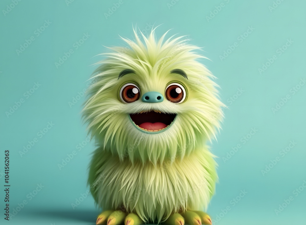 Funny fluffy green monster on a turquoise background. Joyful and fluffy little monster. Cute yeti. Halloween character. Funny fluffy green monster on a turquoise background. Joyful and fluffy little monster. Cute yeti. Halloween character.