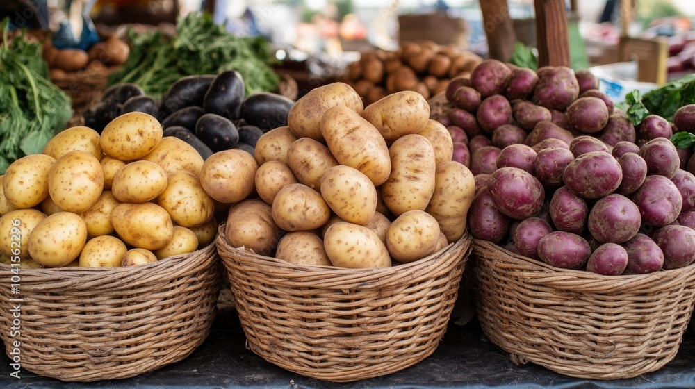 Variety of potatoes displayed in a basket at a market Variety of potatoes displayed in a basket at a market
