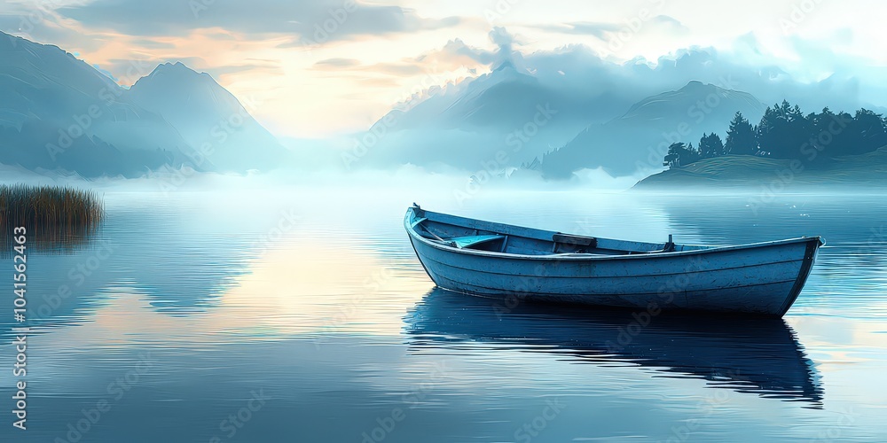 A blue rowboat on a calm lake, with distant hills and a soft blue sky. The scene is calming and peaceful A blue rowboat on a calm lake, with distant hills and a soft blue sky. The scene is calming and peaceful