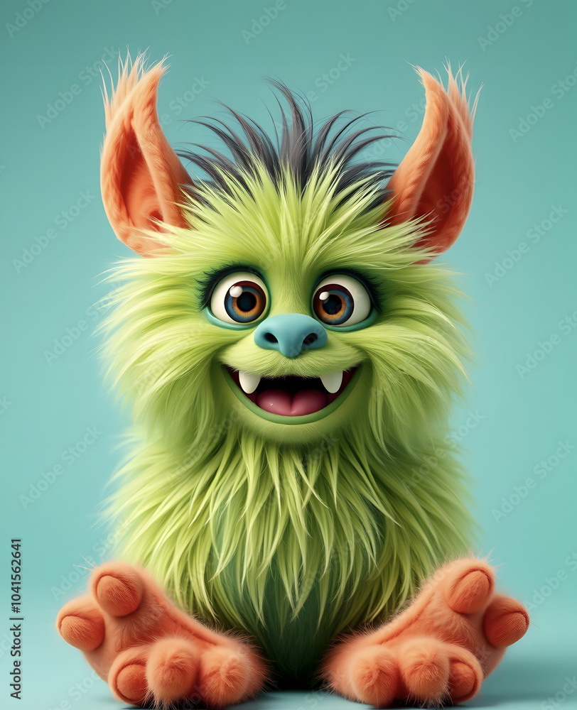 Funny fluffy green monster on a turquoise background. Joyful and fluffy little monster. Cute yeti. Halloween character. Funny fluffy green monster on a turquoise background. Joyful and fluffy little monster. Cute yeti. Halloween character.