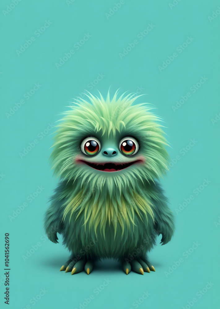 Funny fluffy green monster on a turquoise background. Joyful and fluffy little monster. Cute yeti. Halloween character. Funny fluffy green monster on a turquoise background. Joyful and fluffy little monster. Cute yeti. Halloween character.