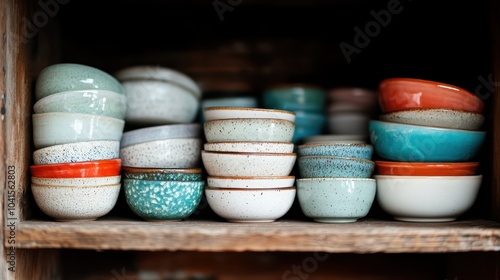 The image displays neatly stacked ceramic bowls with rustic charm on wooden shelves, idealizing harmony and simplicity often found in handcrafted home decor items. photo