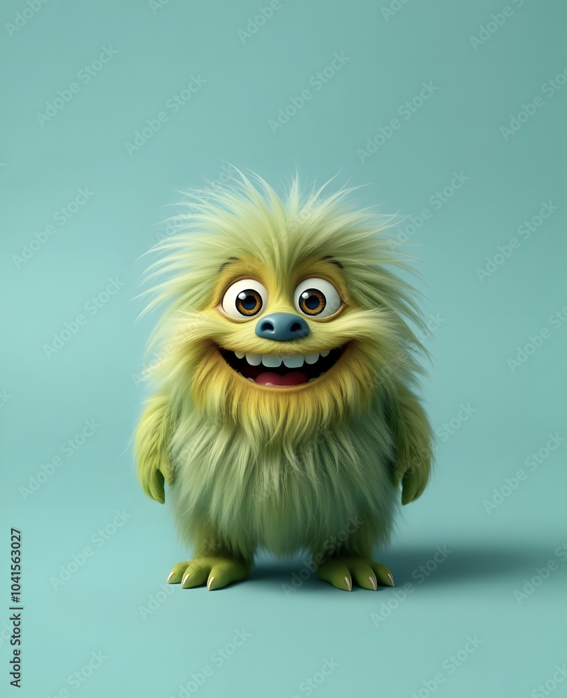 Funny fluffy green monster on a turquoise background. Joyful and fluffy little monster. Cute yeti. Halloween character. Funny fluffy green monster on a turquoise background. Joyful and fluffy little monster. Cute yeti. Halloween character.