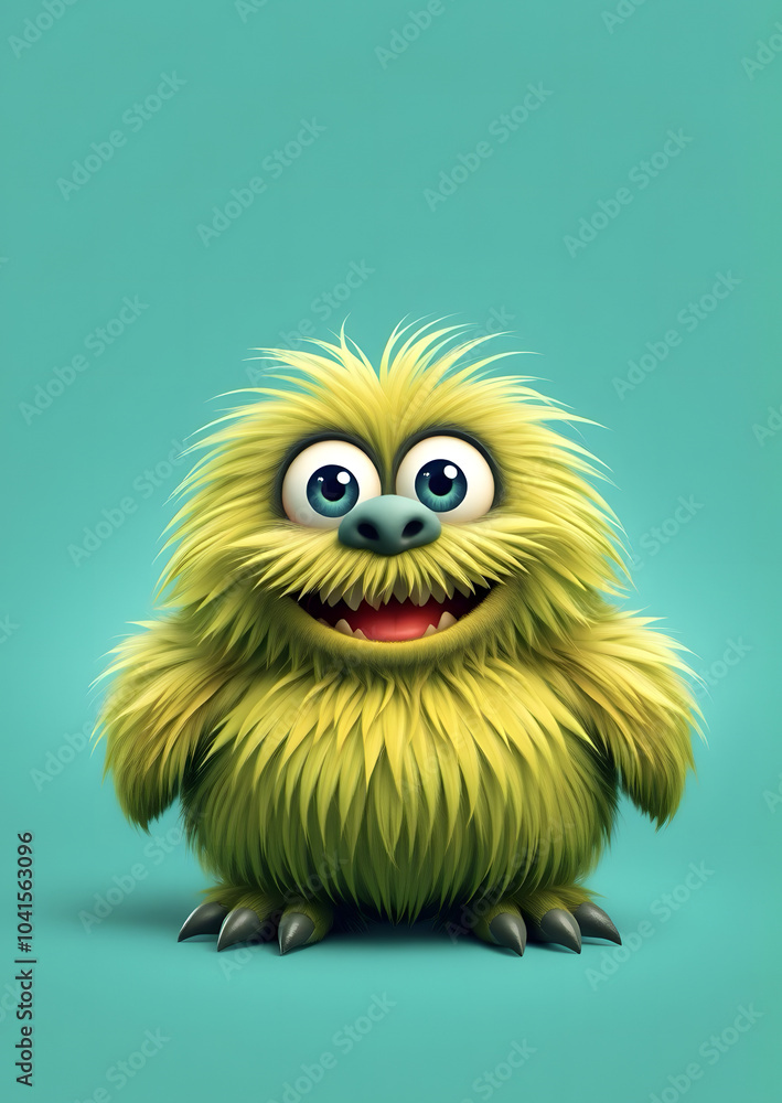 Fototapeta premium Funny fluffy green monster on a turquoise background. Joyful and fluffy little monster. Cute yeti. Halloween character.