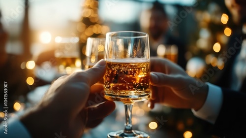 A festive dinner setting where elegantly dressed individuals clink glasses in a toast, surrounded by warm bokeh lights, conveying celebration and camaraderie.