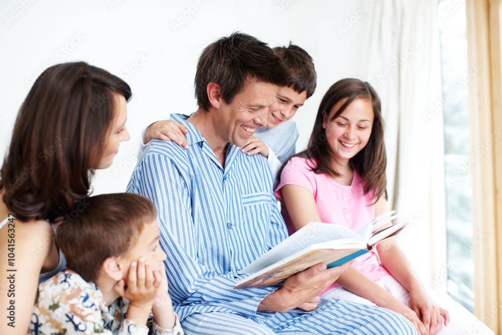 Happy family, kids and parents reading book, learning story or siblings bonding together in home. Children, mother and father storytelling in bedroom for morning education, fantasy fairytale or relax Happy family, kids and parents reading book, learning story or siblings bonding together in home. Children, mother and father storytelling in bedroom for morning education, fantasy fairytale or relax