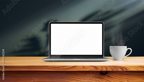 Sleek laptop mockup on wooden table with coffee cup, ready for work. 3D Rendering