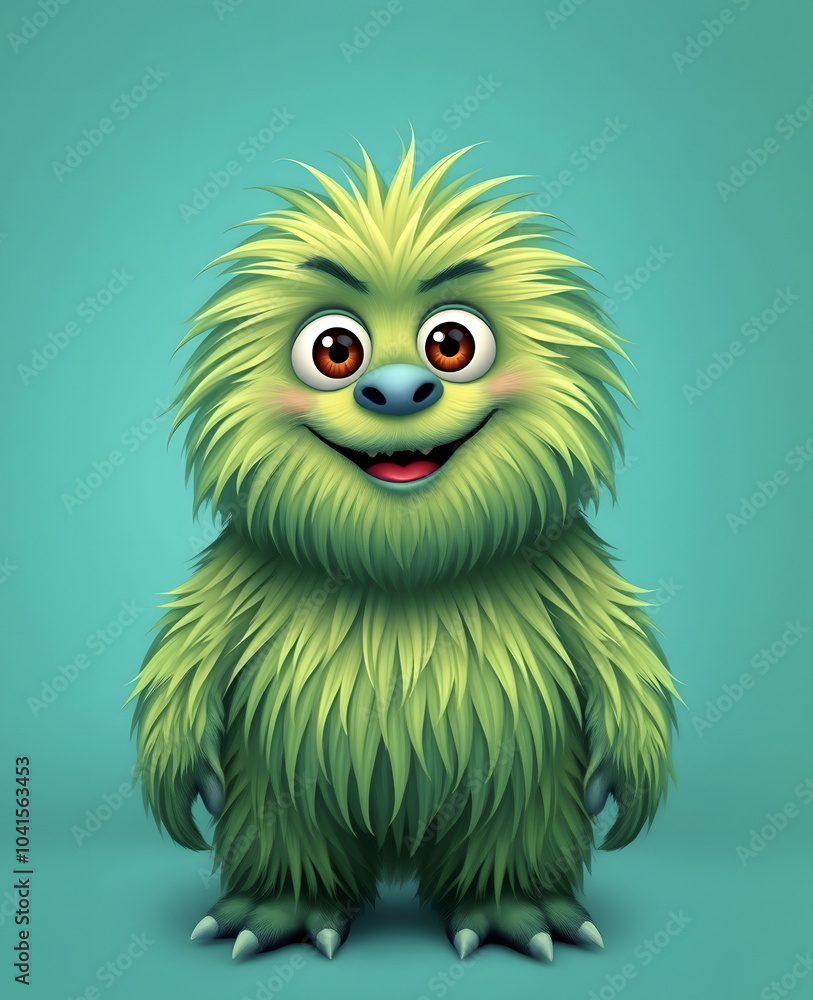 Funny fluffy green monster on a turquoise background. Joyful and fluffy little monster. Cute yeti. Halloween character. Funny fluffy green monster on a turquoise background. Joyful and fluffy little monster. Cute yeti. Halloween character.