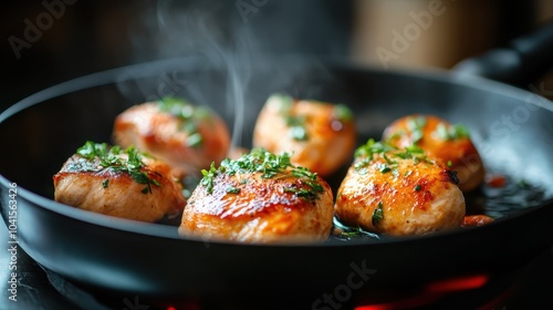 A steaming serving of grilled salmon pieces topped with freshly chopped herbs, sizzling in a pan and ready to serve for a delectable and healthy dining experience. photo