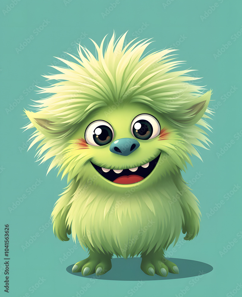Funny fluffy green monster on a turquoise background. Joyful and fluffy little monster. Cute yeti. Halloween character. Funny fluffy green monster on a turquoise background. Joyful and fluffy little monster. Cute yeti. Halloween character.