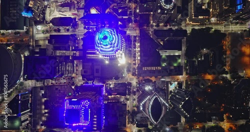 Charlotte North Carolina Aerial v118 vertical flyover Tryon Street through city center capturing illuminated downtown with towering high rise buildings at night - Shot with Inspire 3 8k - Oct 1st 2023