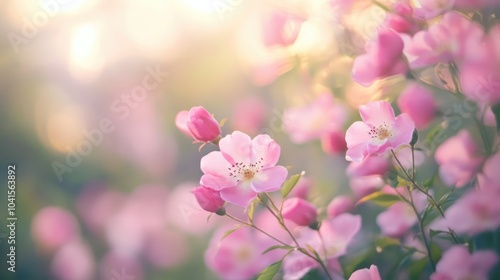 Soft focus bokeh of pink rose wildflowers showcasing a stunning nature scene in a spring summer field with ample copy space