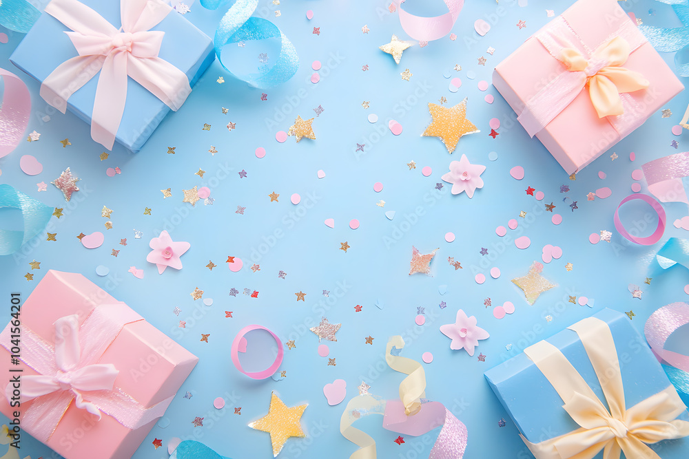 Creative birthday party Mock up frame with gift, streamer, star confetti, glitter on white background Creative birthday party Mock up frame with gift, streamer, star confetti, glitter on white background