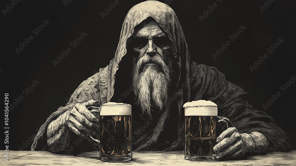 custom made wallpaper toronto digitalEngraved Sketch of a Monk with Beer Mugs - Vintage Illustration in Raster Format