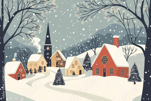 Charming illustration of a snow-covered village with warm, lit houses, bare trees, and gently falling snow, evoking a peaceful winter atmosphere.