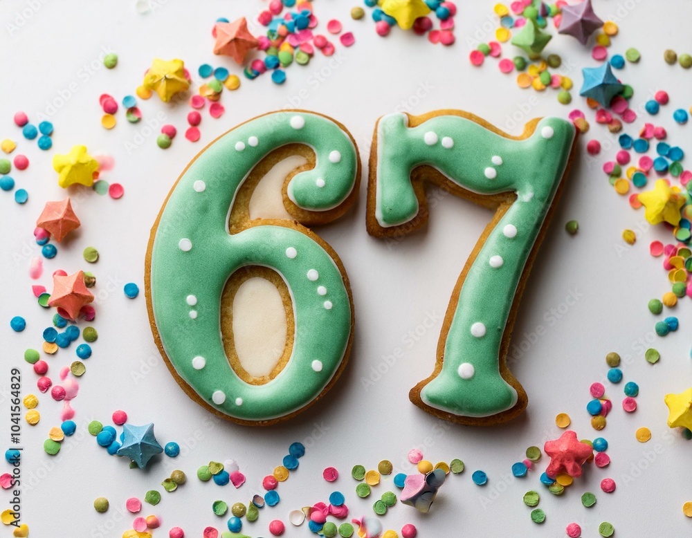 Decorated cookie, number 67, image for birthday or anniversary celebration Decorated cookie, number 67, image for birthday or anniversary celebration