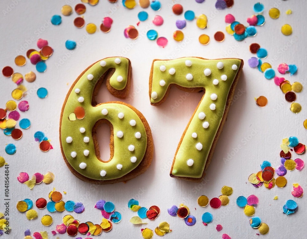 Decorated cookie, number 67, image for birthday or anniversary celebration Decorated cookie, number 67, image for birthday or anniversary celebration