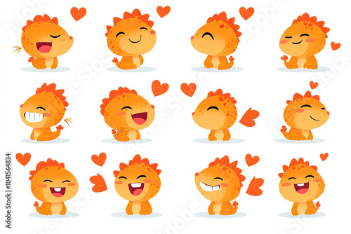 A cute little dragon in various poses, smiling and winking with hearts around it. Designed in a vector illustration style with a chibi character design, featuring simple lines, flat color blocks, and 