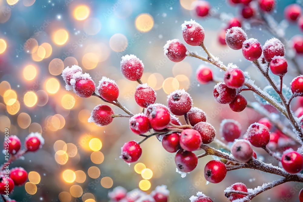 Festive New Year background with Frosted Red Berries on Branches with Soft Bokeh Background for Christmas Celebrations. Festive New Year background with Frosted Red Berries on Branches with Soft Bokeh Background for Christmas Celebrations.