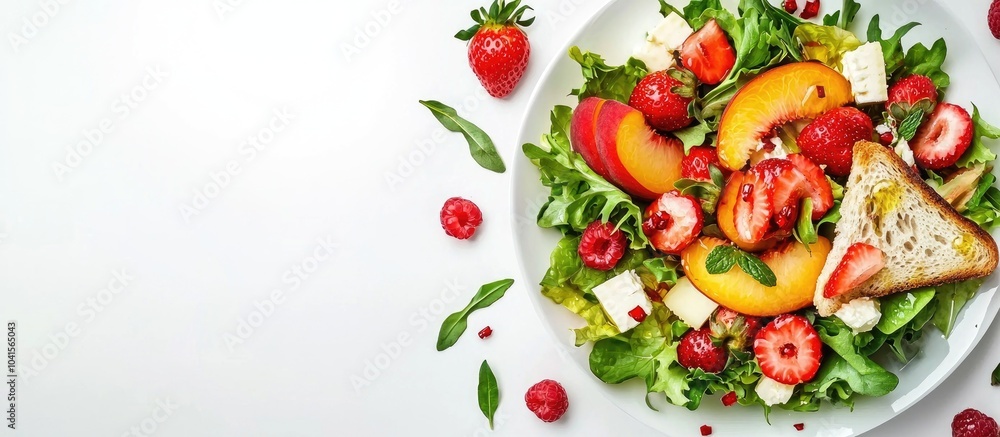 Summer Salad Consist Of Lettuce Peaches Strawberries And Cheese With Toast And Olive Oil Top View Horizontal Frame White Background Summer Salad Consist Of Lettuce Peaches Strawberries And Cheese With Toast And Olive Oil Top View Horizontal Frame White Background