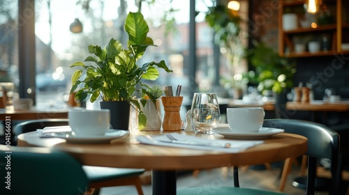 A cozy café setting showcasing an exquisite dining setup within a plant-filled environment, blending modern interior design with nature for a calming dining experience. photo