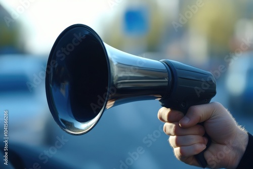 Car Horn: Male Hand Honking with Driver's Signal in the Vehicle photo