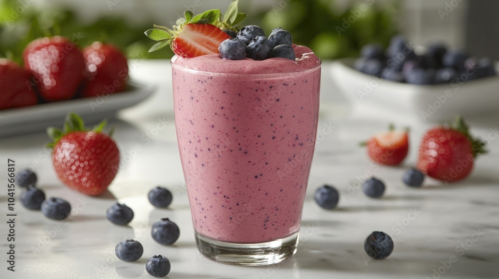 Refreshing berry smoothie featuring fresh strawberries and blueberries ideal for a nutritious breakfast or midday treat Refreshing berry smoothie featuring fresh strawberries and blueberries ideal for a nutritious breakfast or midday treat