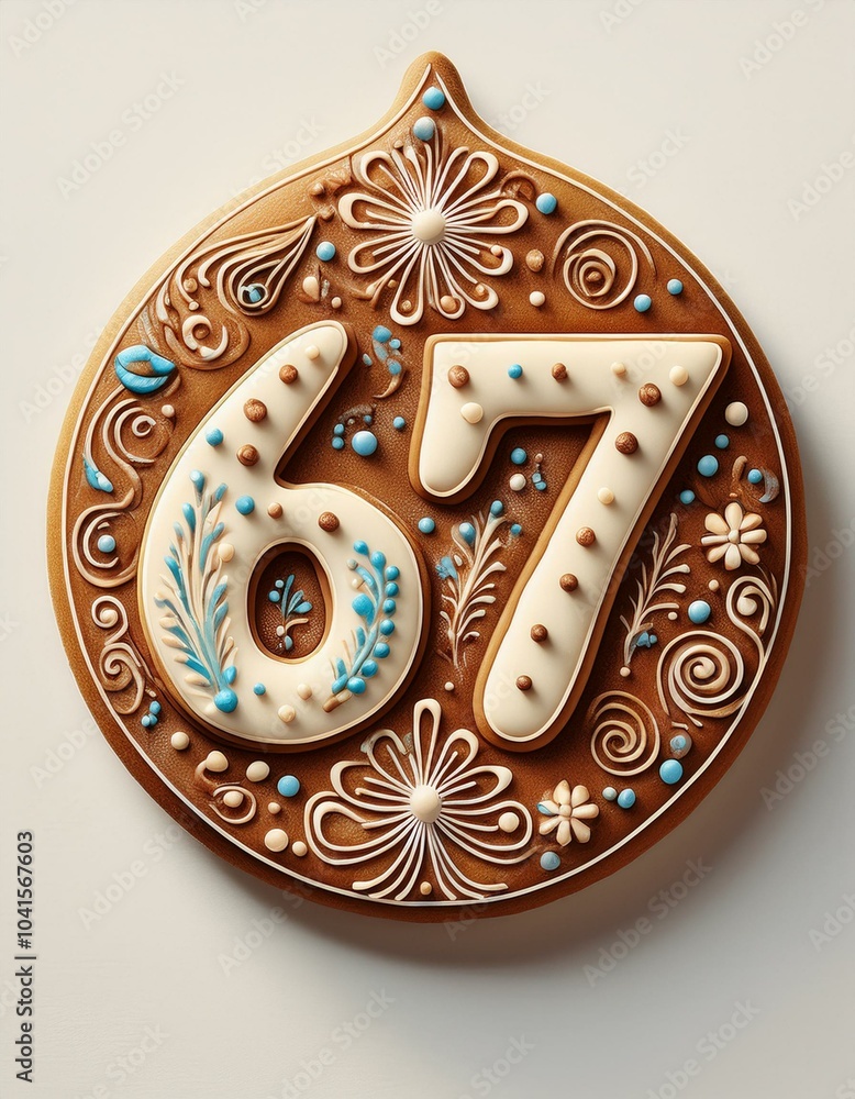 Decorated cookie, number 67, image for birthday or anniversary celebration Decorated cookie, number 67, image for birthday or anniversary celebration