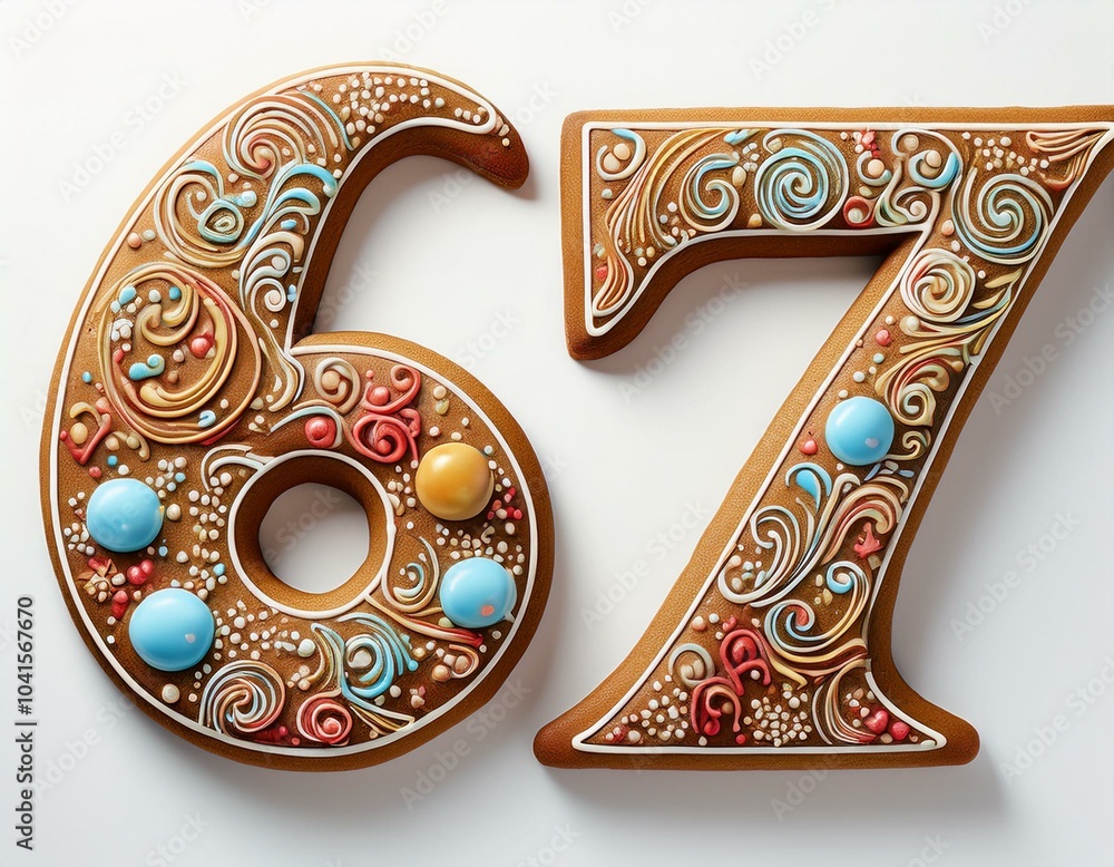 Decorated cookie, number 67, image for birthday or anniversary celebration Decorated cookie, number 67, image for birthday or anniversary celebration