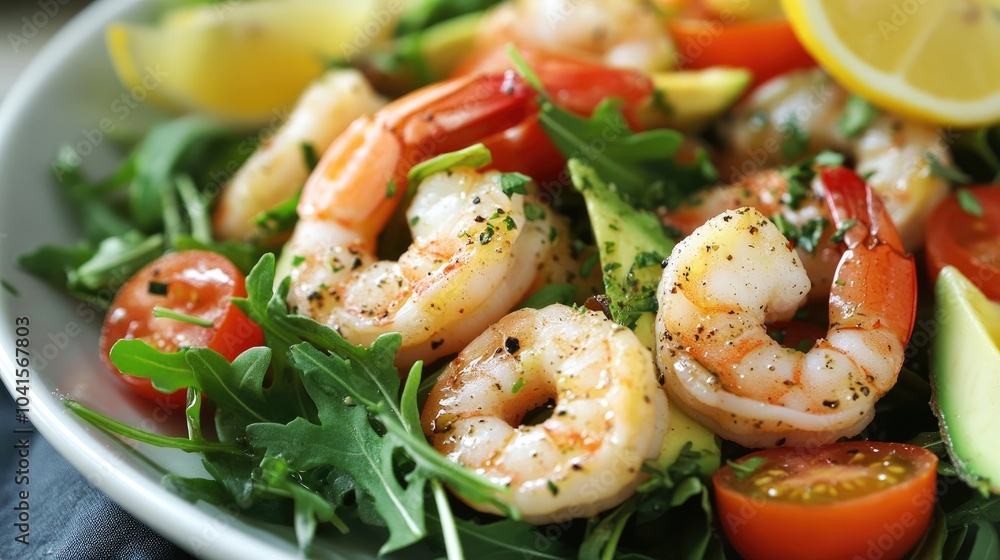 Shrimp and avocado salad featuring cherry tomatoes and arugula accompanied by lemon wedges Shrimp and avocado salad featuring cherry tomatoes and arugula accompanied by lemon wedges