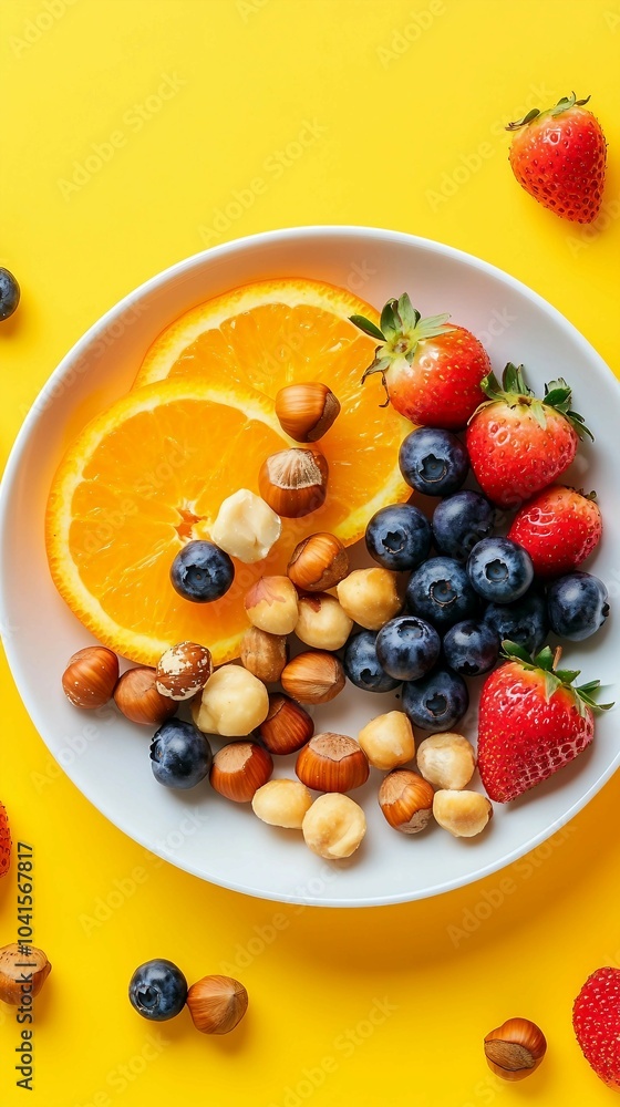 Healthy and Delicious Fruit Salad with Nuts on a Yellow Background Healthy and Delicious Fruit Salad with Nuts on a Yellow Background