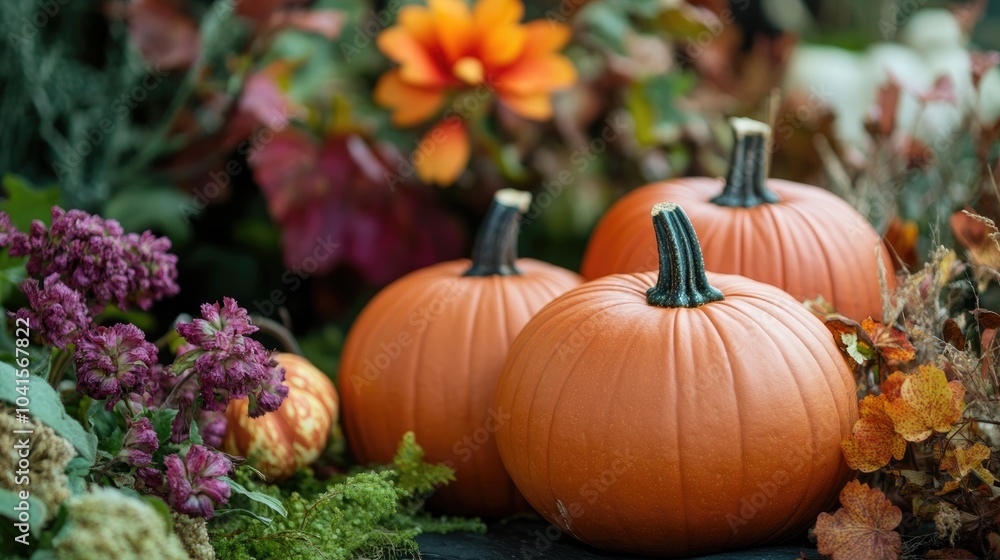 Autumn decorations featuring pumpkins and flowers ideal for celebrating Thanksgiving or Halloween Seasonal composition with a festive touch Autumn decorations featuring pumpkins and flowers ideal for celebrating Thanksgiving or Halloween Seasonal composition with a festive touch