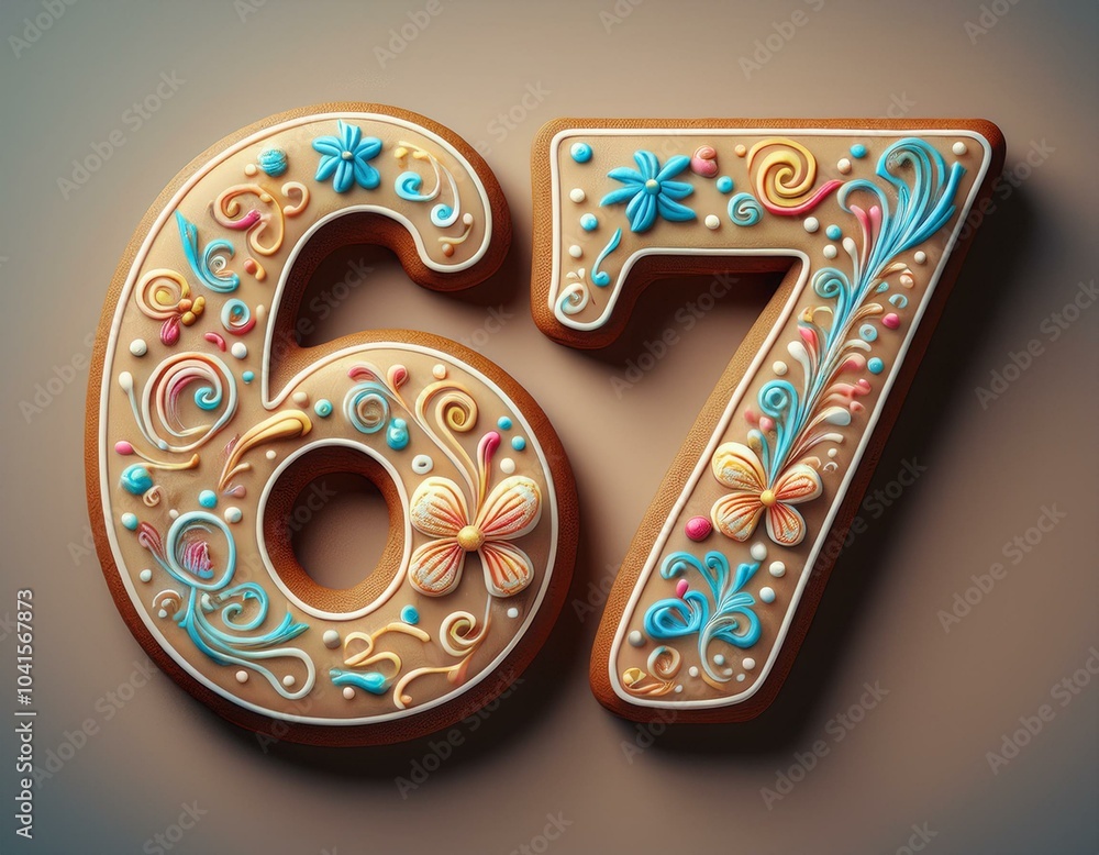 Decorated cookie, number 67, image for birthday or anniversary celebration Decorated cookie, number 67, image for birthday or anniversary celebration