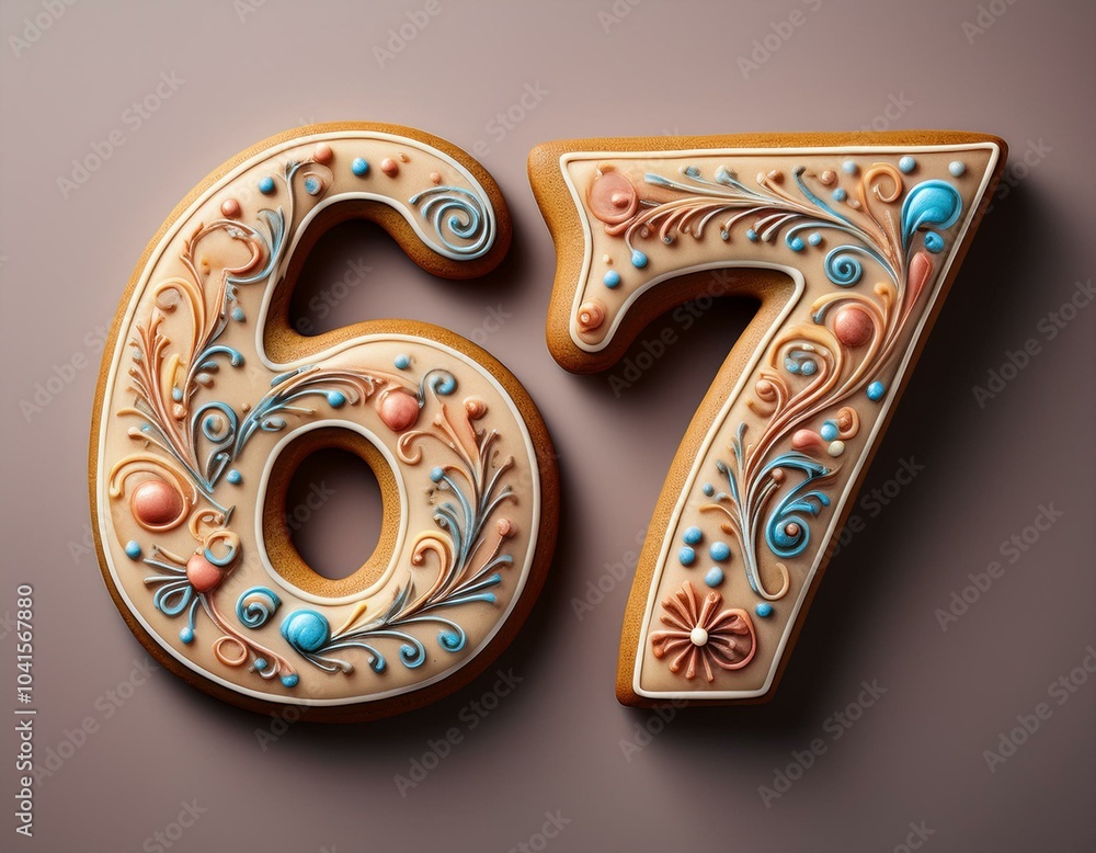 Decorated cookie, number 67, image for birthday or anniversary celebration Decorated cookie, number 67, image for birthday or anniversary celebration