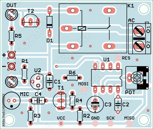 Vector printed circuit board of electronic 
device with components of radio elements, 
conductors and contact pads placed on pcb. 
Engineering technical computer cad drawing.