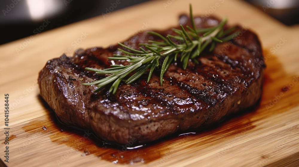 Juicy steak garnished with fresh rosemary on a wooden cutting board Juicy steak garnished with fresh rosemary on a wooden cutting board